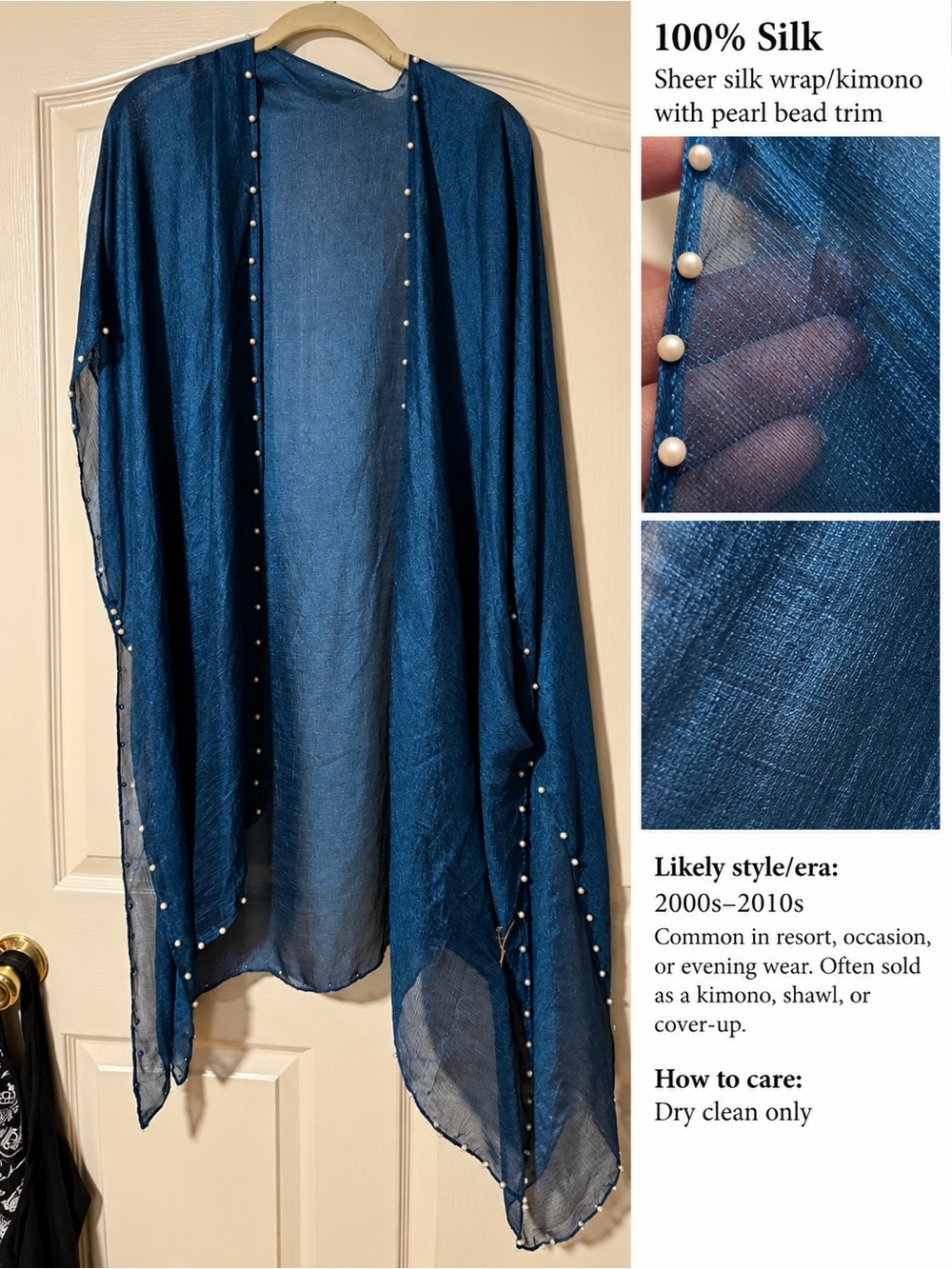 Silk Pearl-Trim Swim Cover-Up Kimono - Deep Teal Blue